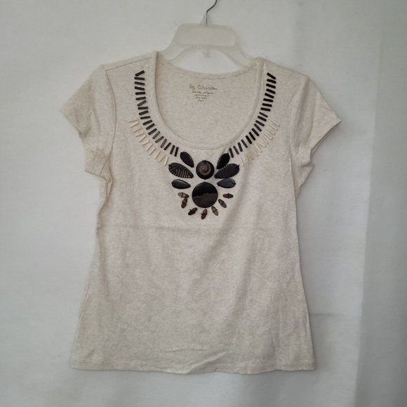 By Chicos Top Womens 0/S-4 Short Sleeve Wooden Beaded Detail Scoop Neck Neutral - Picture 1 of 8